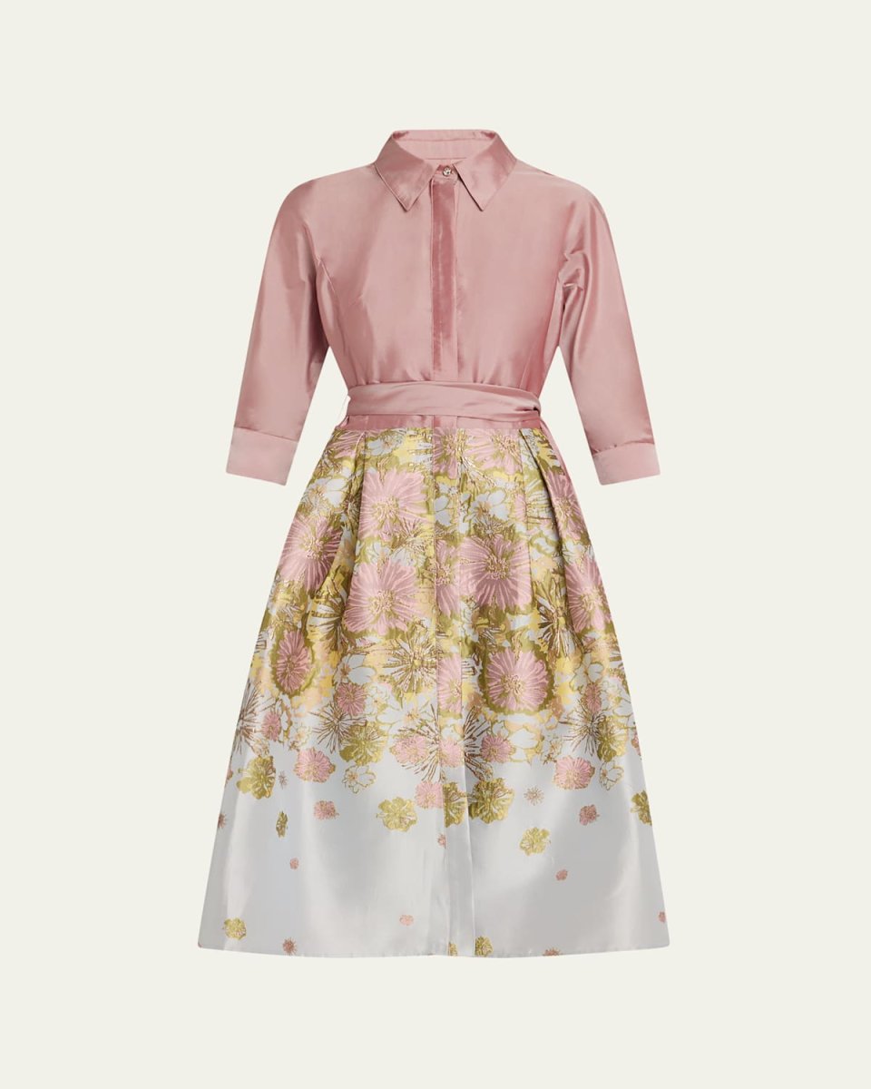 Pleated Floral Jacquard Midi Shirtdress